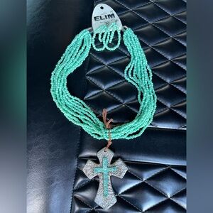 Elim Faux Turquoise Cross Necklace & Earrings